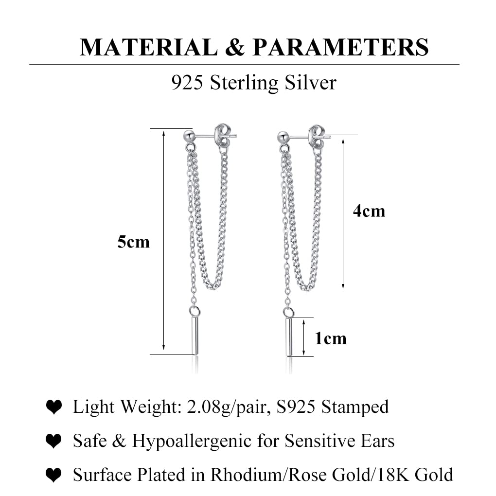 SLUYNZ Solid 925 Sterling Silver Bar Dangle Earrings for Women Minimalist Dangle Earrings Threader Chain (A-Silver)