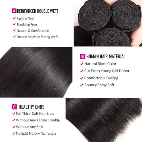 10A Straight Bundles Human Hair 16 18 20 Inch 100% Unprocessed Virgin Brazilian Straight Human Hair Weave 3 Bundles Natural Black Color