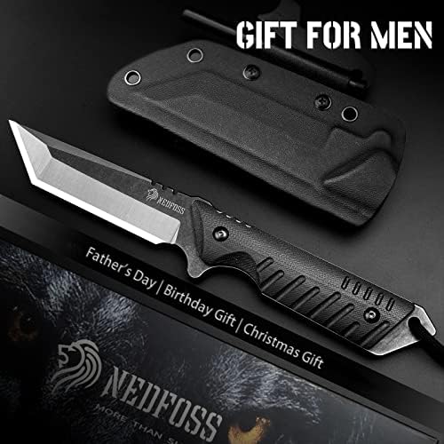 NedFoss Tactical Survival Knife with Fire Starter, Kydex Sheath, 440C Steel Blade, G10 Handle - Camping Gift for Men