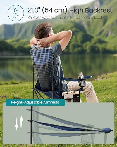 SONGMICS Breathable Camping Chairs, Foldable Outdoor Chairs Set of 2, High Back, Adjustable Armrests, Drink Holder, Weight Capacity 330 lb, for Sports Garden Backyard, Harbor Blue UGCB028Q01