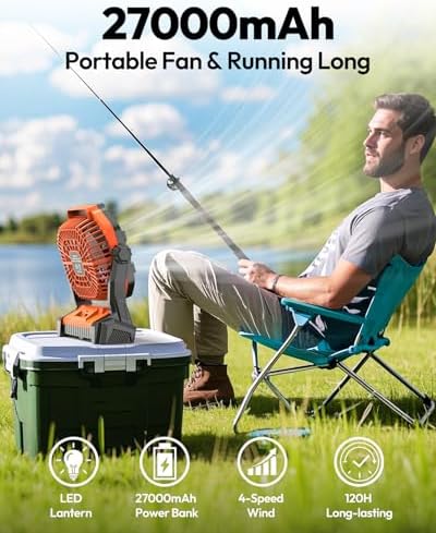 Camping Fan 27000mAh with LED Lantern - Cordless Portable Fan 8 inch USB C Battery Operated Rechargeable Powered Ventilador with Hanging Hook - 250° Rotating 4 Speed Personal Fans for Travel Camping