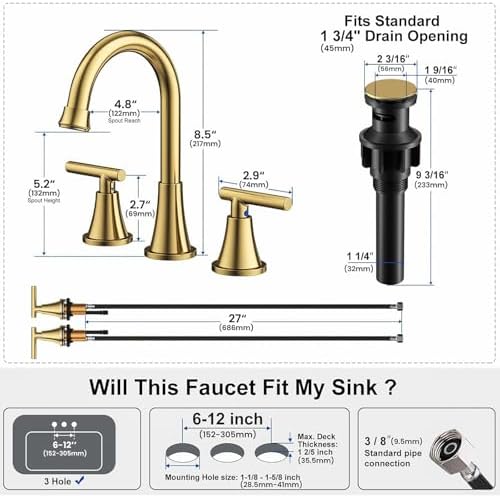 Bathroom Faucets for Sink 3 Hole, Hurran Brushed Gold Bathroom Sink Faucet with Pop-up Drain and Supply Lines, Stainless Steel Lead-Free Widespread Faucet for Vanity RV Farmhouse Sink