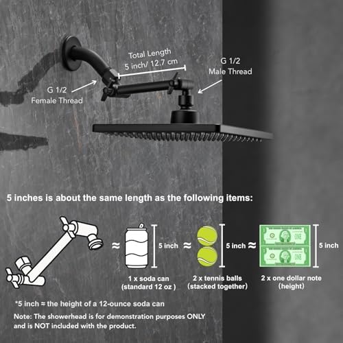 5 Inch Adjustable Shower Head Extension Arm With Locking Set Screw, Singing Rain Brass Matte Black Angle Height Adjustable, Easy To Install, G1/2 Universal Connector Compatible (Matte Black Finish)