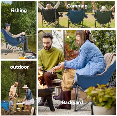 Oversized XL Padded Camping Chair Wide Heavy Duty Lawn Chairs Support 450 LBS Portable Folding Gaint Plus Camp Chair with Side Pocket Cup Holder for Outdoor Outside Sports Baseball Soccer-Blue