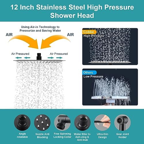 Cobbe 12 Inch All Metal 3-Way Rain Shower Head, High Pressure Shower Head, Dual Shower Heads with Handheld Spray Combo - Upgrade Extension Arm Height Adjustable - 9 Spray Filtered Shower Head, Black