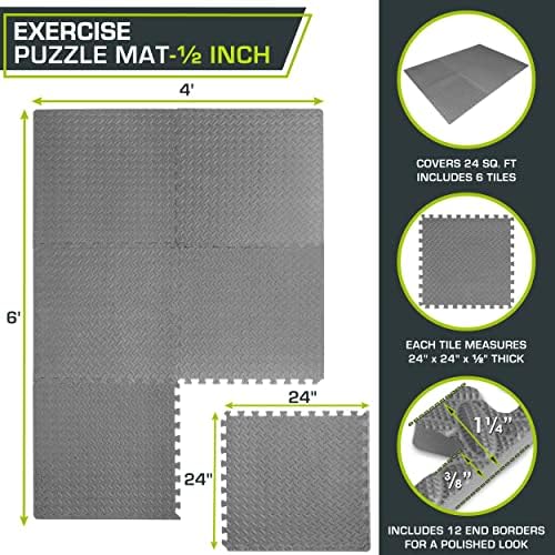 ProsourceFit Puzzle Exercise Mat ½ in, EVA Interlocking Foam Floor Tiles for Home Gym, Mat for Home Workout Equipment, Floor Padding for Kids, Black, 24 in x 24 in x ½ in, 48 Sq Ft - 12 Tiles