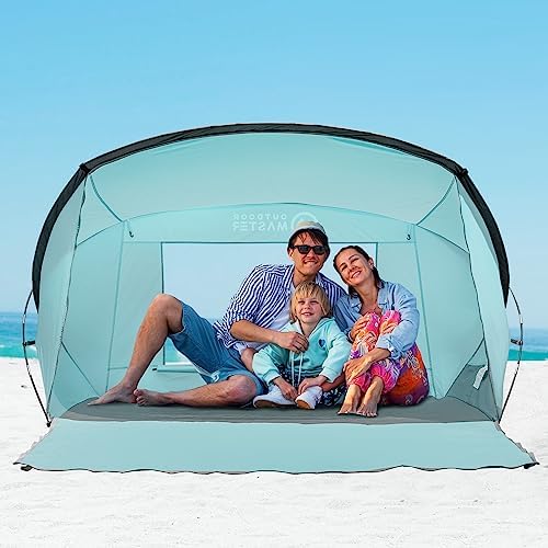 OutdoorMaster Beach Tent for 3-4 Person - Easy Setup and Portable Beach Shade Sun Shelter Canopy with UPF 50+ UV Protection Removable Skylight Family Size - Green