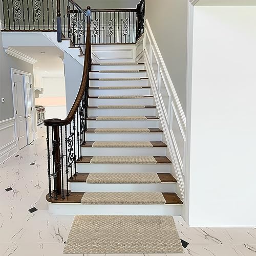 PURE ERA Bullnose Carpet Stair Treads Tape Free Non-Slip Indoor Stair Protectors Pet Friendly Stair Treads for Wooden Steps 9.5" x 30"(14 Pieces,Cream Gray Mini-Diamond Trellis)