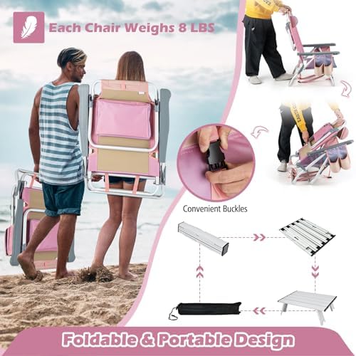 Goplus Beach Chair, Folding Backpack Beach Chairs for Adults with 5 Positions, Head Pillow, Cooler Bag, Towel Bar, Cup Holders, Sunbath Sling Tanning Lounge, Foldable Layout Camping Chairs