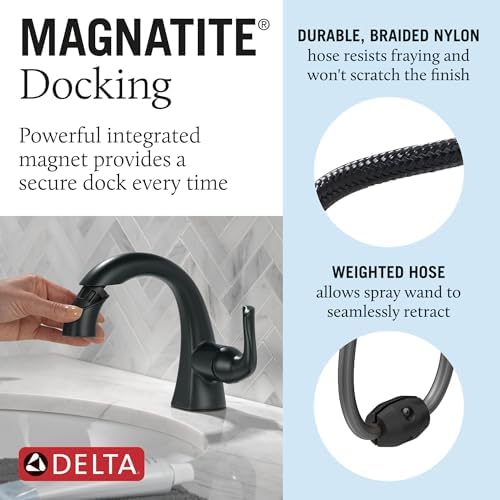 Delta Arvo 1 Hole Matte Black Bathroom Faucet with Sprayer, Single Hole Bathroom Sink Faucet with Pull Out Sprayer for Vanity, Push-Pop Drain, Matte Black 15840LF-BLPD