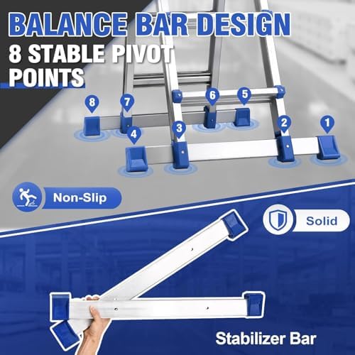 HBTower A Frame 5 Step Extension Ladder, 19 Ft Multi Position Ladder with Removable Tool Tray and Stabilizer Bar, 330 lbs Capacity Telescoping La dder for Household and Outdoor Work (Blue, 19FT)