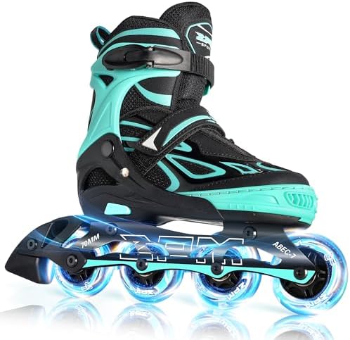 2PM SPORTS Vinal Girls Adjustable Flashing Inline Skates, All Wheels Light Up, Fun Illuminating Skates for Kids Men Adult Women and Boys
