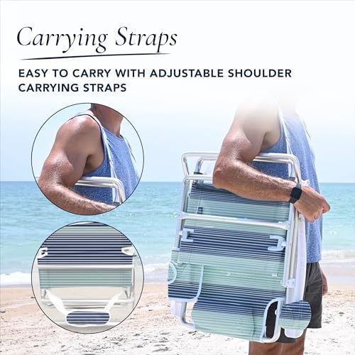 Caribbean Joe Folding Beach Chair, 5 Position Lightweight, Portable Reclining Outdoor Camping Chair with Headrest, Shoulder Strap, and Cup Holder, Horizon Stripe
