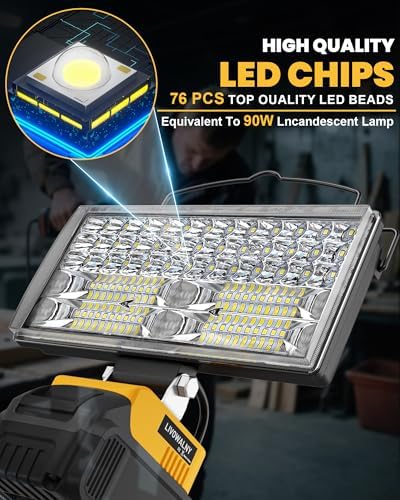 Cordless 20V LED Work Light for Dewalt 20V Max Battery, LIVOWALNY 100W 10000LM 7" Floodlight, LED Flashlights with USB & Type-C & Low Voltage Protection & 140° Pivoting Head for Emergency and Job Site