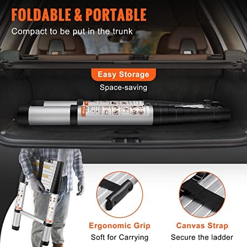 VEVOR Telescoping Ladder, 10.5 FT Aluminum One-button Retraction Collapsible Extension Ladder, 375 LBS Capacity with Non-slip Feet, Portable Multi-purpose Compact Ladder for Home, RV, Loft, ANSI Liste