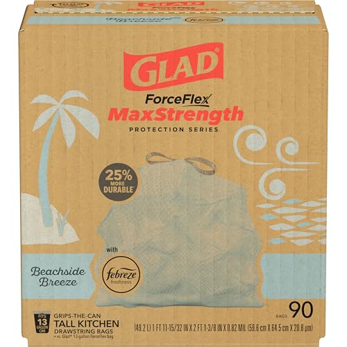 Glad ForceFlex MaxStrength Tall Kitchen Trash Bags, 13 Gal, Beachside Breeze, 90 Ct, Pack May Vary