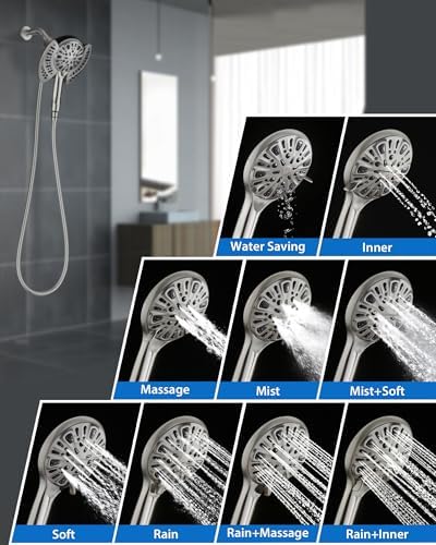 2-in-1 Shower Head With Handheld Combo: 2.5GPM Rainfall & Detachable Use Together or Alone, 9 Spray Settings Hand Held With Hose, Nickel