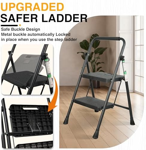 2 Step Ladder, Portable Steel Folding Step Stool with Wide Anti-Slip Pedal & Convenient Handgrip, 500lbs Sturdy Steel Ladder, Black