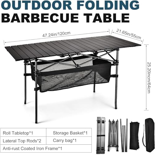 Lightweight Aluminum Folding Camping Table (47” x 21.65” x 26.7”), Portable Roll-Up Design for Outdoor, Camping, Beach, BBQ, Patio, and Picnic, Durable & Waterproof with Carrying Bag