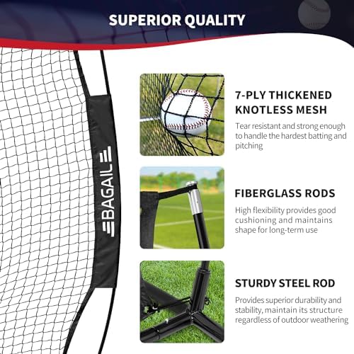 BAGAIL 7x7 ft Baseball & Softball Practice Net with Bow Frame for Batting, Hitting, Pitching, Portable Baseball Throwing Net with 2 Strike Zone Batting Tee, Carry Bag, Great for All Levels