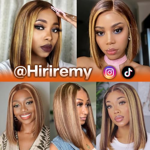 Highlight Bob Wig Human Hair 13x4 HD Lace Front Wigs Human Hair Pre Plucked Hairline Frontal Glueless Short Straight Bob Wigs for Black Women Human Hair Ombre Brown Honey Blonde P4/27 12 Inch