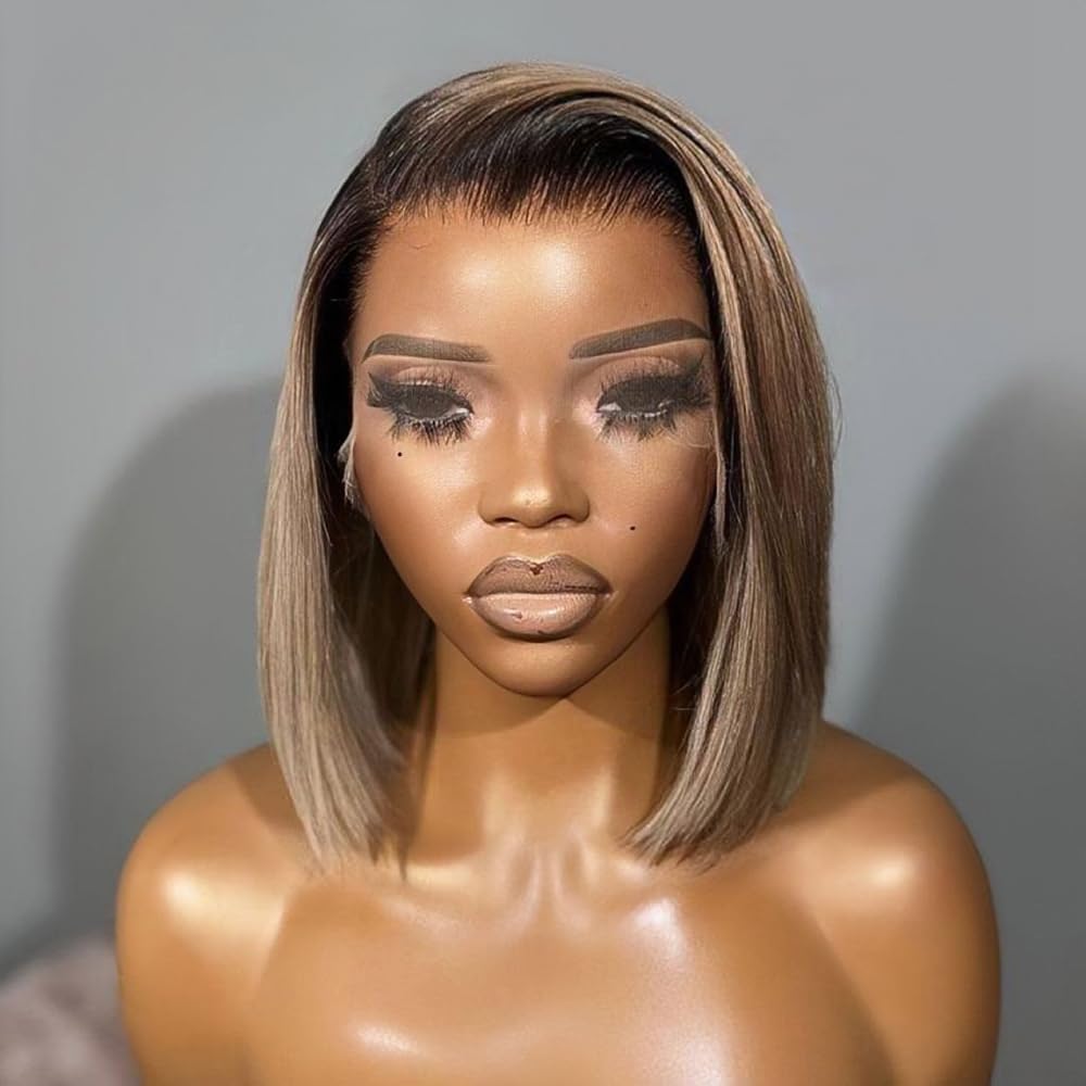 Ash Blonde Bob Wig Human Hair 180 Density 13x4 Hd Lace Front Wigs Human Hair Bob Wigs for Black Women Ombre Ash Blonde Straight Lace Frontal Wig with Dark Roots Invisible Knots Pre Plucked 14 inch