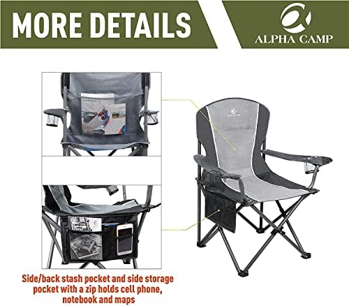 ALPHA CAMP Oversized Camping Folding Chair - Heavy Duty Steel Frame Support 350 LBS, Collapsible Padded Arm With Cup Holder, Quad Lumbar Back, Portable for Outdoor/Indoor