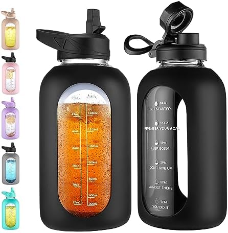 CIVAGO 64 oz Glass Water Bottle Jug with Straw and Handle, Half Gallon Sports Motivational Water Bottle with Time Marker, Wide Mouth Flask Canteen with Silicone Sleeve for Gym, Black