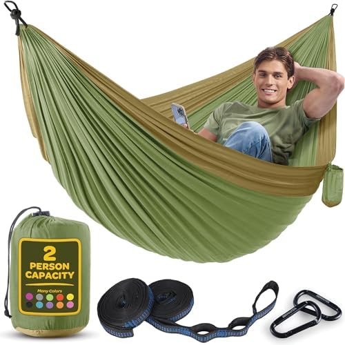Durable Hammock 500 lb Capacity, Nylon Camping Hammock Chair - Double or Single Sizes w/Tree Straps and Attached Carry Bag - Portable for Travel/Backpacking/Beach/Backyard (Large, Khaki & Army Green)