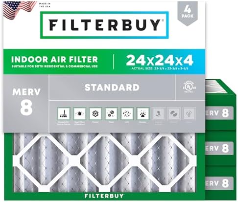 Filterbuy 24x24x4 Air Filter MERV 8 Dust Defense (4-Pack), Pleated HVAC AC Furnace Air Filters Replacement (Actual Size: 23.38 x 23.38 x 3.63 Inches)