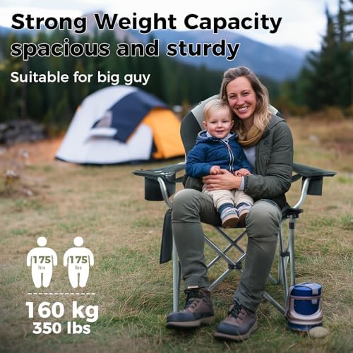 KingCamp Oversized Camping Folding Chair with Lumbar Support, Heavy Duty Ergonomic Padded Arm Chair with Cooler Bag, Cup Holder, Portable for Outdoor