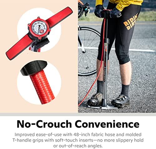 Schwinn Basic and Air Center Floor Bike Pump, Up to 120 Max PSI, Dual Head Fits Schrader and Presta Valve Types, Easy-to-Carry Portable and Convenient Design, Bicycle Essentials for Easy Road Riding
