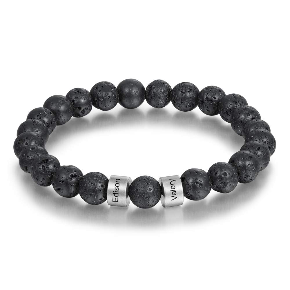 Personalized Beads Bracelets for Men Chakra Stone Bracelets Custom Initial Name Bracelet Mens Malachite Tiger Eye Lava Stone Bracelet Gifts for Him (Black-Lava-silver-2)