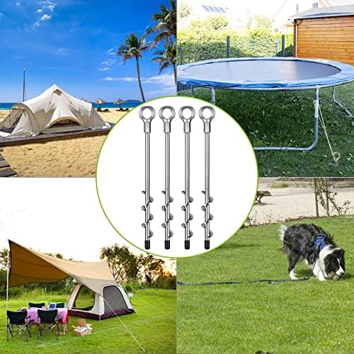 4 Pack Tent Stakes, 12 Inch Heavy Duty Ground Anchors, Fully Welded Spiral Earth Anchors for Camping Tents, Trampolines, Sheds, Swing Sets, Securing Animals