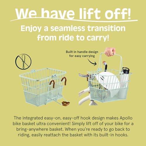 Retrospec Apollo Detachable Front Bike Basket Steel Half-Mesh with Integrated Detachable Hooks and Built-In Handle, Easy Assembly and Portability for Bicycles