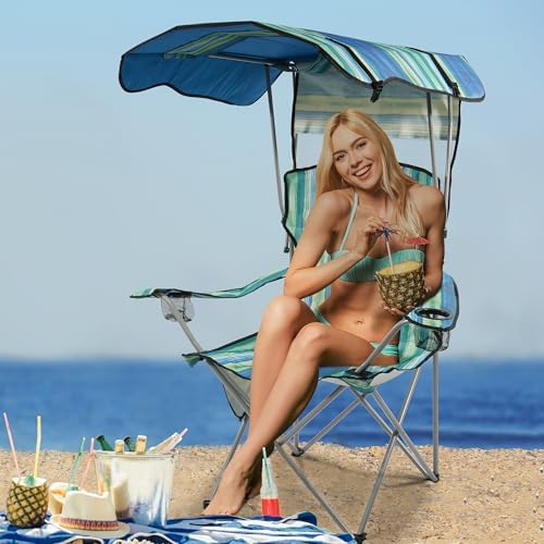 Camping Chair, Oversized Folding Chair with Canopy, Portable Outdoor Chair with Arms, Cup Holder and Carry Bag for Camping, Fishing, Beach, and Sports, Multi-Color