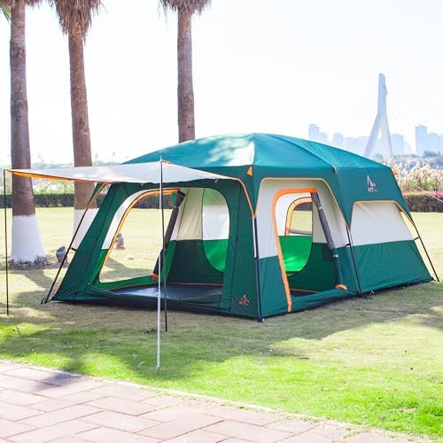 KTT Extra Large Tent 10-12-14 Person(A),Family Cabin Tents,2 Rooms,3 Doors and 3 Windows with Mesh,Straight Wall,Waterproof,Double Layer,Big Tent for Outdoor,Picnic,Camping,Family Gathering