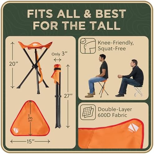 Foldable Tripod Stool - Ultra Portable Seat for Tall People, 20” High - Hunting Chair & Hidden Zippered Pocket - 2 lb Camping Stool, 3 Legged Strong Steel Stool Holds up to 200 lb (Orange)