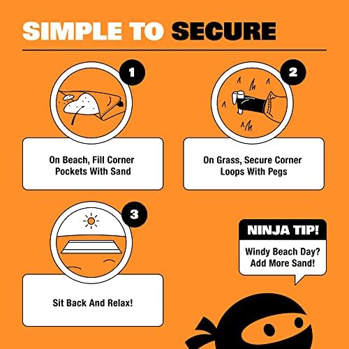 SUN NINJA Sand-Free Beach Blanket - 10ft X 9ft Lightweight Outdoor Blanket with Storage, Bottle Opener, Carabiner, Shoulder Strap, Corner Sand Pockets & 4 Stakes