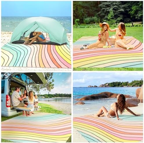 Beach Blanket Waterproof Sandproof, 9 Ft X 10 Ft Extra Large Sand Free Beach Mat, Big Compact Lightweight Quick Drying Picnic Blanket with 4 Stakes & Pockets for Camping, Travel, Hiking