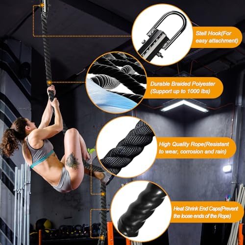 Climbing Rope 1.5 Inch Diameter 10/15 / 20/30 Feet Length Gym Climbing Rope for Workout Fitness & Strength Training, Gym Rope, Exercise Climbing Rope in Black for Adults Outdoor & Indoor
