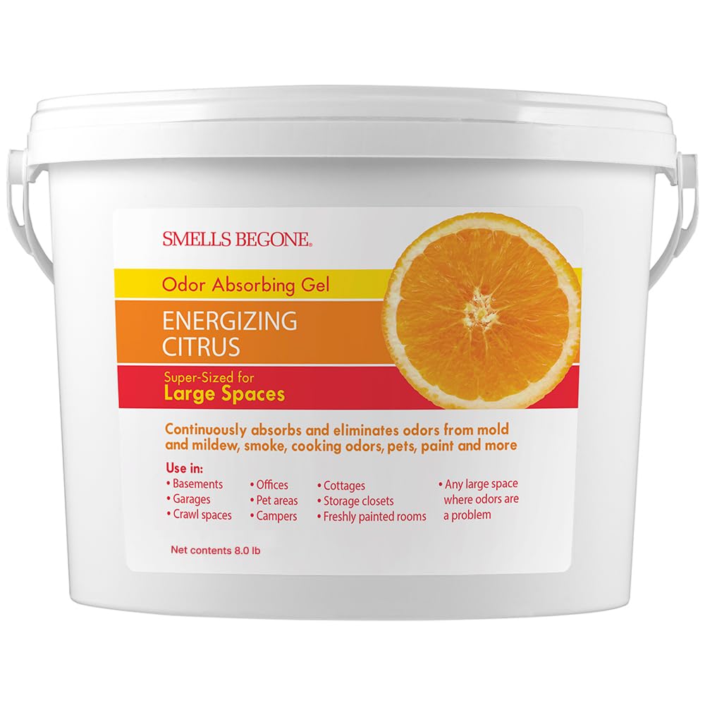SMELLS BEGONE 1-Gallon Gel Odor Eliminator – High-Capacity, Long-Lasting Absorber for Large Basements, Garages, Workshops & Commercial Areas – Remove Tough Odor with Essential Oils (Energizing Citrus)
