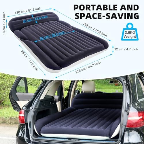 KMZ SUV Air Mattress with 2 Pillows – Thickened and Flocked Car Bed – Portable Travel Pad for Camping & Road Trips – Quick Inflate & Deflate with External Pump – Blue-Black and Cool Gray