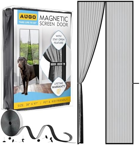 AUGO Magnetic Screen Door - Self Sealing, Heavy Duty, Hands Free Mesh Partition Keeps Bugs Out - Pet and Kid Friendly - Patent Pending Keep Open Feature - 38 Inch x 97 Inch
