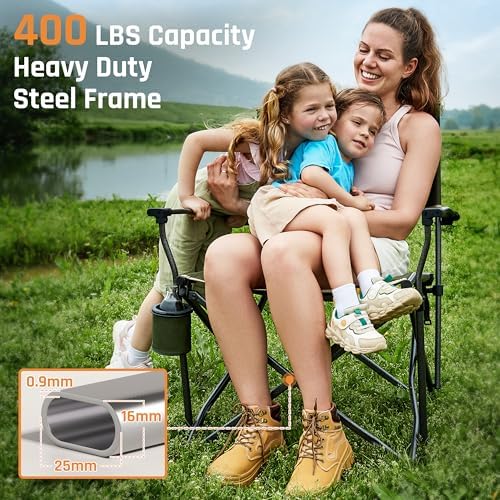 Heavy Duty Folding Camping Chair for Adults Oversized Camping Chairs Steel Frame Support 400 lbs, Metal Arm Lawn Chairs with Swivel Cup Holder, Hollow Backrest, Extra Large Outdoor Chairs, Green