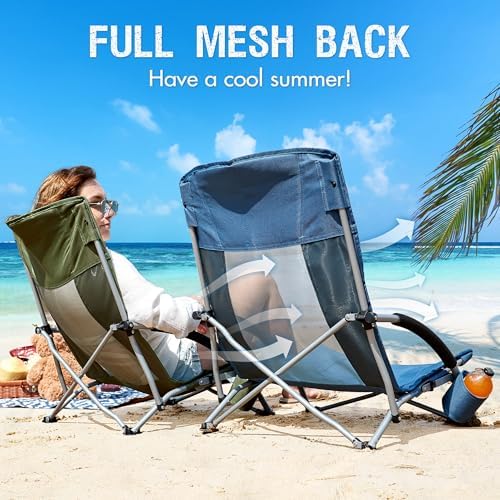 PORTAL Beach Chairs for Adults Camping Low Lightweight Portable Chair with Cup Holder Mesh Back Carry Bag for Outdoor Sand Lawn Travel Picnic Festival Concert, 350LBS