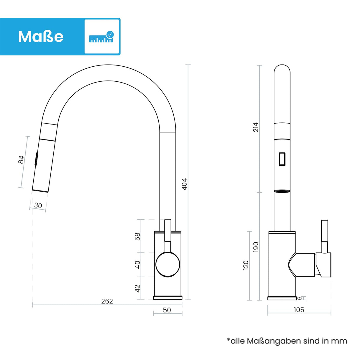 Bächlein Kitchen tap 360° rotatable (matt black) – single-hand basin tap made of stainless steel with pull-out hose and spray head with switch knob, tap for the kitchen