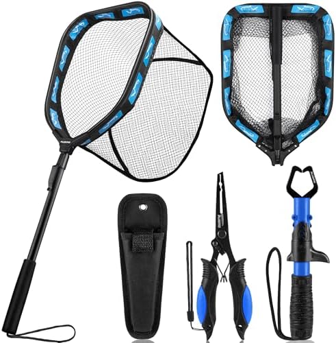 PLUSINNO Floating Fishing Net for Steelhead, Salmon, Fly, Kayak, Catfish, Bass, Trout Fishing, Rubber Coated Landing Net for Easy Catch & Release, Compact & Foldable for Easy Transportation & Storage