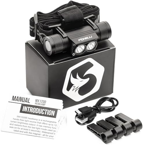 Foxelli Ultra Bright Rechargeable Headlamp – 18650 Battery, IPX7 Waterproof, 1200 Lumen LED Light for Work & Outdoors, with Battery & Hooks - Perfect for Hard Hat or Helmet