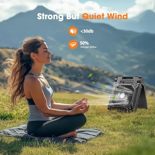 Solar Camping Fan with LED Lantern, 20000mAh Rechargeable Battery Powered with 10W Solar Panel and Emergency Power Bank, Quiet Battery Operated Tent Fan for Picnic, Barbecue, Fishing, Travel